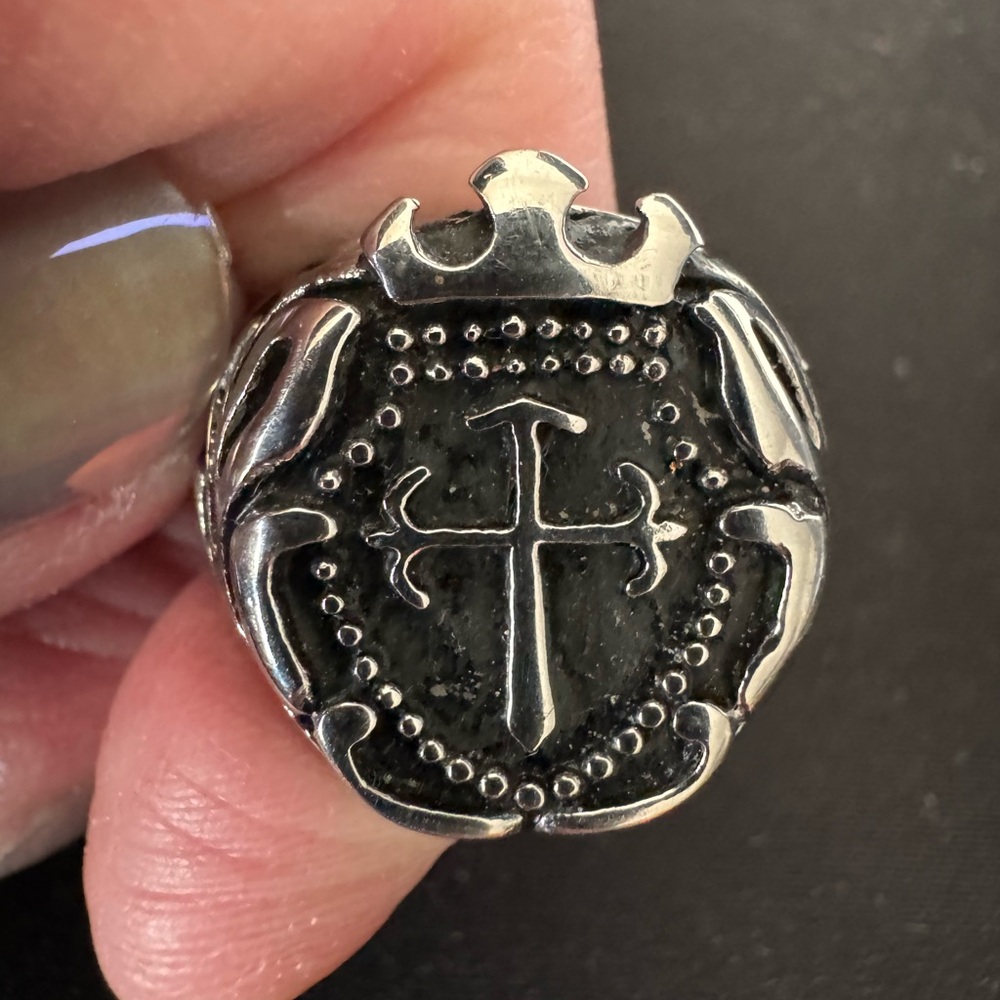 NWT Stainless Steel Studded Filigree Cross Signet Men's Ring Size 9